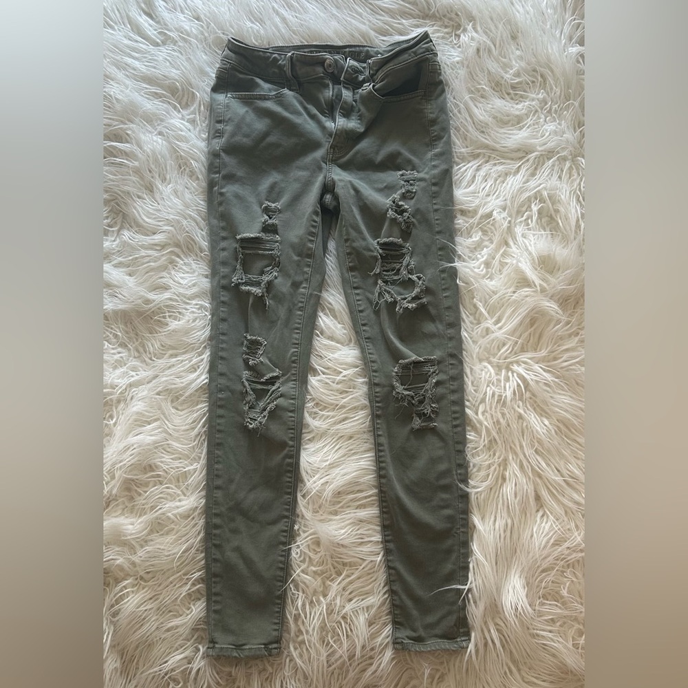 American Eagle Super Stretch X Distressed Olive Green Jeans